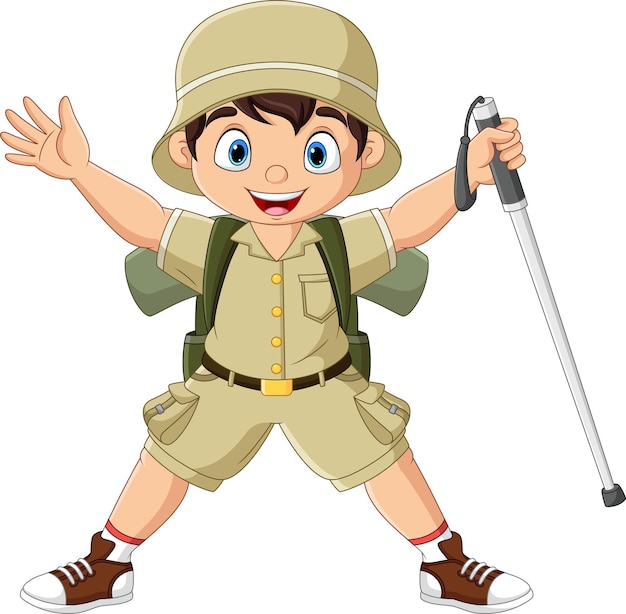 Niño de excursionista de dibujos animados con bastón