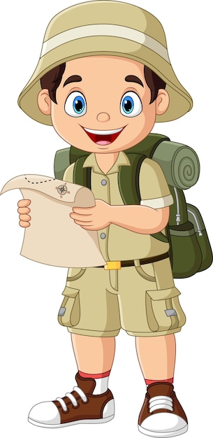 Niño excursionista de dibujos animados sosteniendo un mapa