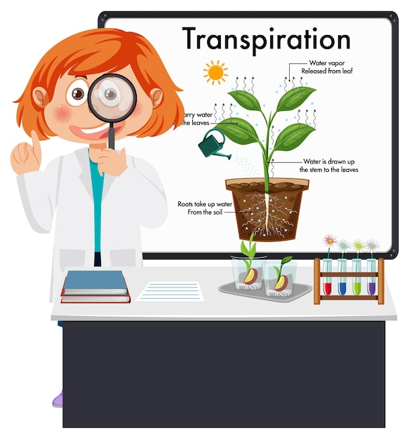 Vector niño explicando la transpiración de las plantas