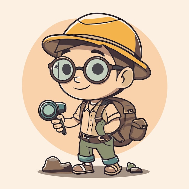 Vector niño explorador con binoculares y mochila ilustración de dibujos animados vectorial