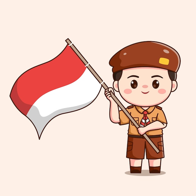 niño explorador indonesio sosteniendo la bandera linda ilustración de personaje chibi kawaii