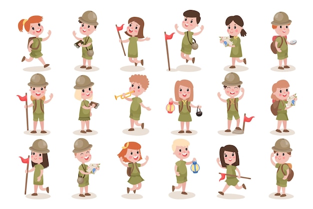 Niño explorador con mochila sosteniendo mapa y brújula Set de ilustraciones vectoriales para acampar