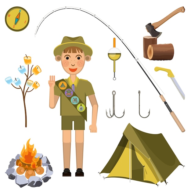 Niño explorador que demuestra el signo de la mano de honor cerca de la colección de equipo necesario del campamento. Cartel colorido vector de camping niño varón en verano