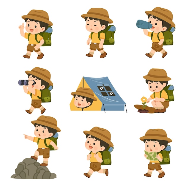 El niño explorador en el traje de aventura Set de cliparts