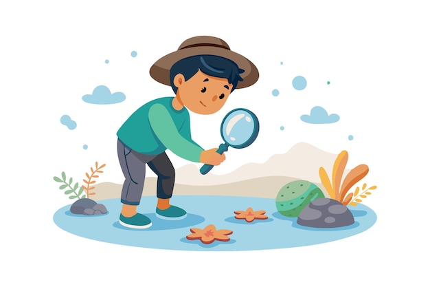 Niño explorando el aire libre con una lupa