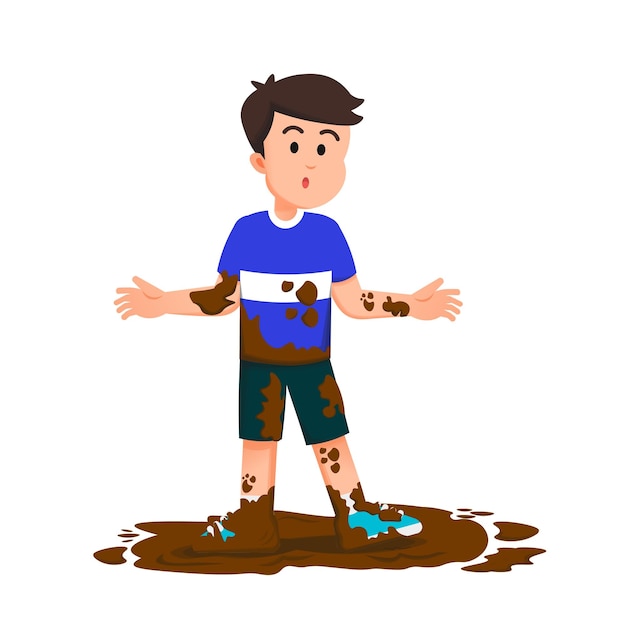 niño con una expresión confusa debido a su cuerpo fangoso