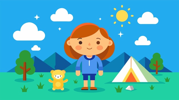 Niño feliz acampando en la naturaleza con tienda de campaña y oso de peluche ilustración vectorial