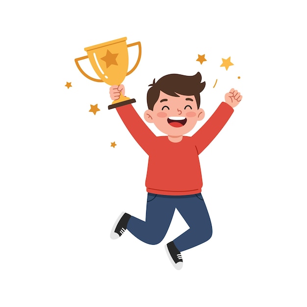 Niño feliz celebrando la victoria con el trofeo en la mano ilustración vectorial de diseño plano