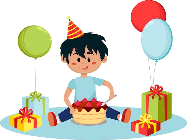 Niño feliz come un pastel de cumpleaños. Ilustración de vector. Feliz cumpleaños, tarjeta de felicitación