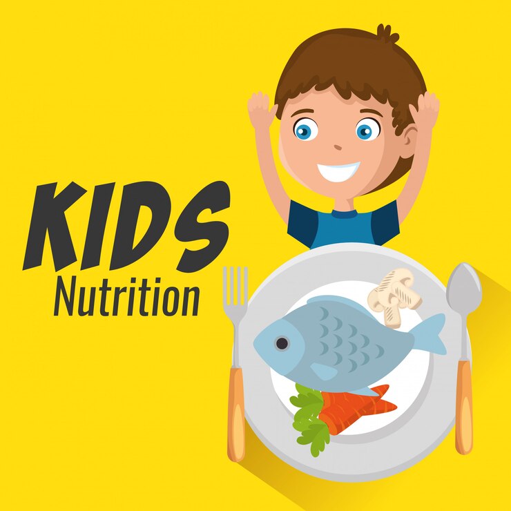 Vector niño feliz con comida de nutrición