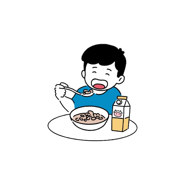 Niño feliz comiendo cereal, concepto de desayuno, estilo de arte de línea dibujada a mano.