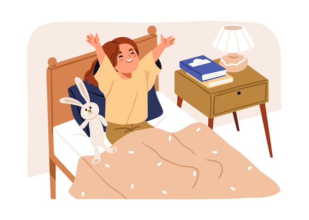 Niño feliz despertando Niña linda estirándose en la cama por la mañana Niño pequeño sonriente despertando de buen humor después de un sueño saludable en el dormitorio de casa Ilustración vectorial plana aislada sobre fondo blanco