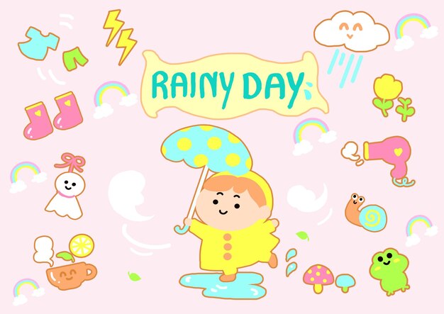 Vector un niño feliz en un día de lluvia con un conjunto de iconos al estilo de dibujos animados