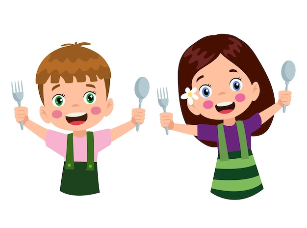 Un niño feliz de dibujos animados con una cuchara y un tenedor