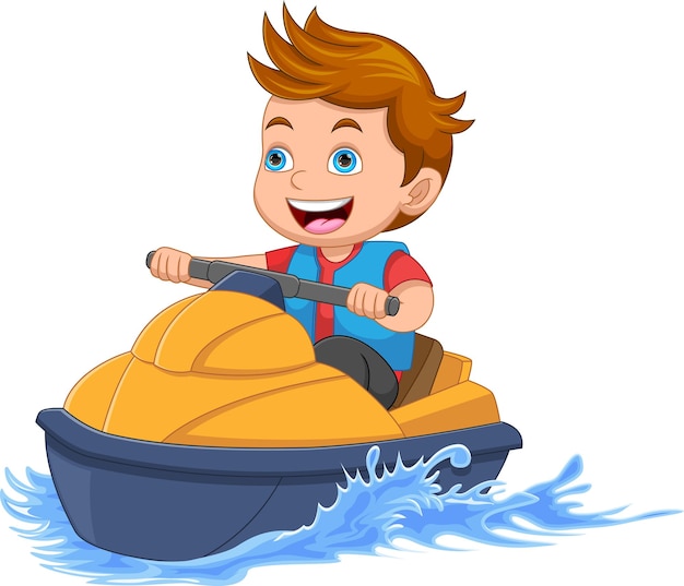 Vector un niño feliz de dibujos animados montando un jet ski