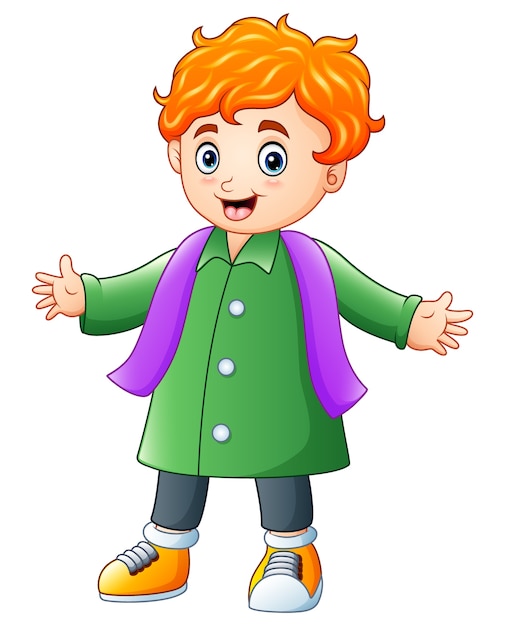 Niño feliz de dibujos animados en ropa de invierno azul