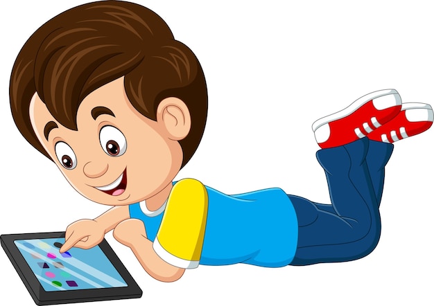 Niño feliz de dibujos animados con tableta