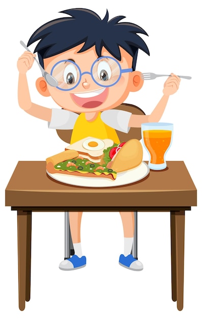 Vector niño feliz disfruta comiendo comida en la mesa