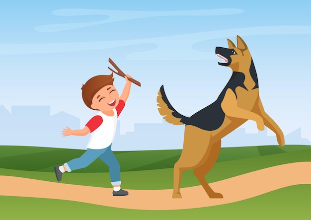 Vector niño feliz entrenando jugando con el perro en la naturaleza verano parque paisaje diversión tiempo