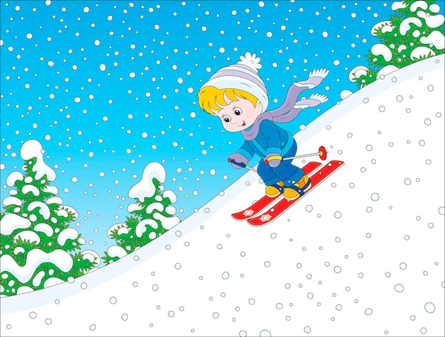 Niño feliz esquiando por una colina nevada en un parque de invierno