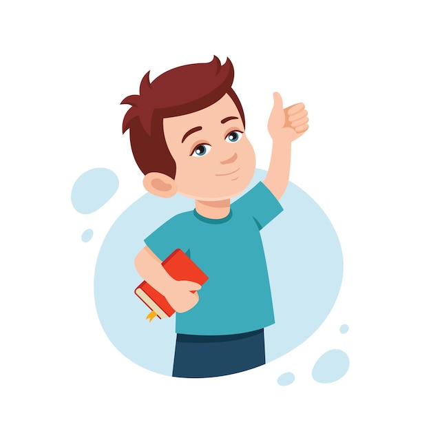 El niño feliz está mostrando los pulgares hacia arriba Signo Vector ilustración plana estilo dibujos animados