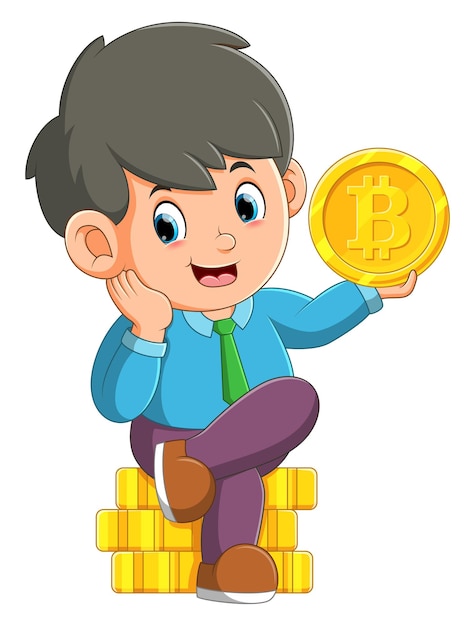 El niño feliz está sentado mientras sostiene un gran bitcoin