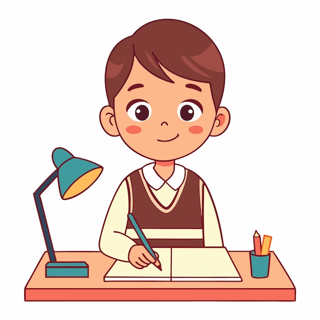 Un niño feliz estudiando en el escritorio