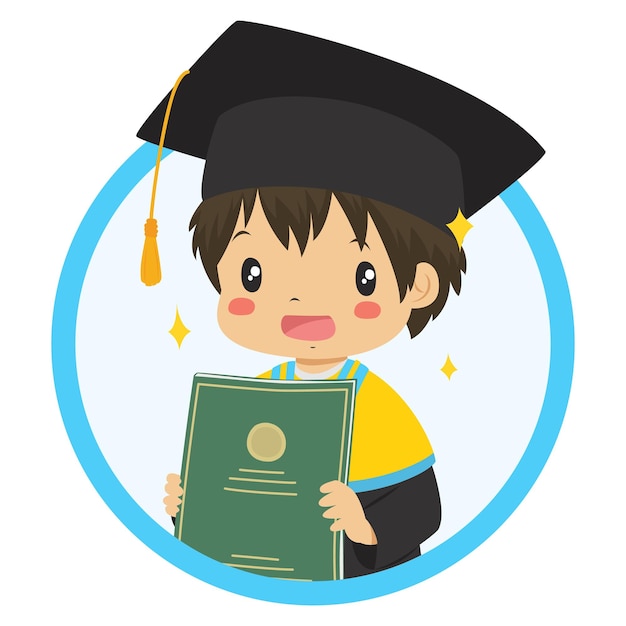 El niño feliz se gradúa y sostiene el vector de carácter de graduación del estudiante de diploma de graduación.