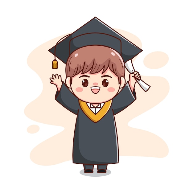 Vector niño feliz graduación con toga y birrete cute kawaii chibi cartoon