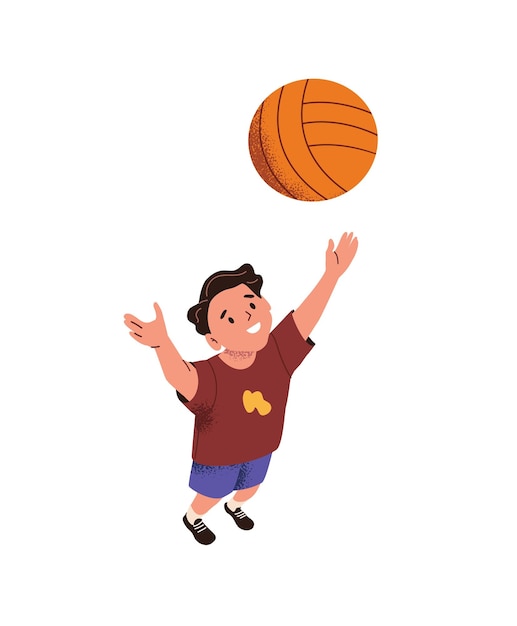 Niño feliz juega un juego al aire libre Niño gracioso lanza en el aire y atrapa en las manos la pelota vista superior Niño lindo se para mirando hacia arriba extendiendo los brazos hacia arriba Ilustración vectorial aislada plana sobre fondo blanco