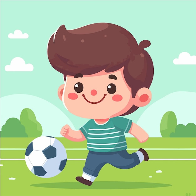 niño feliz jugando al fútbol en el campo