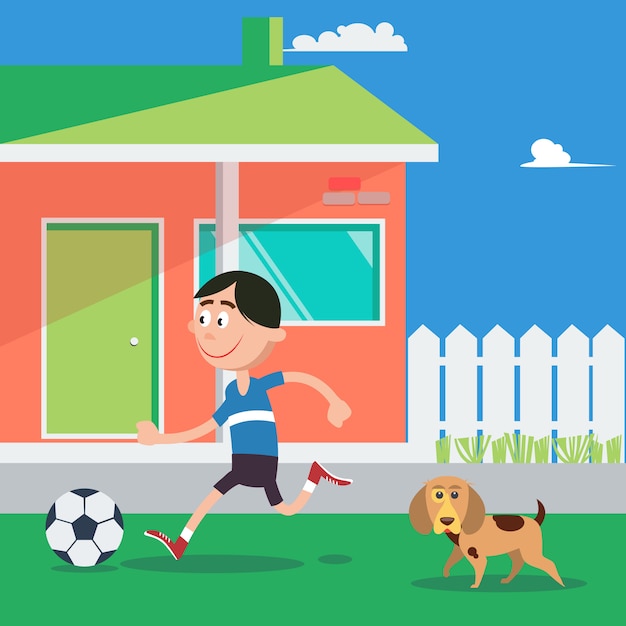 Niño feliz jugando al fútbol con perro. ilustración vectorial