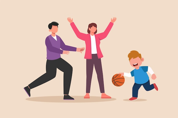 Niño feliz jugando baloncesto con su familia Concepto de tiempo familiar Ilustración de vector gráfico plano coloreado aislado