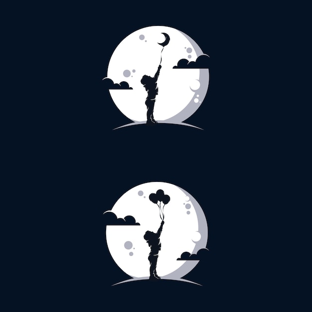 Niño feliz jugando con globos en el diseño del logotipo de la luna