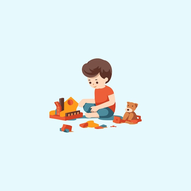 niño feliz jugando sentado con sus juguetes