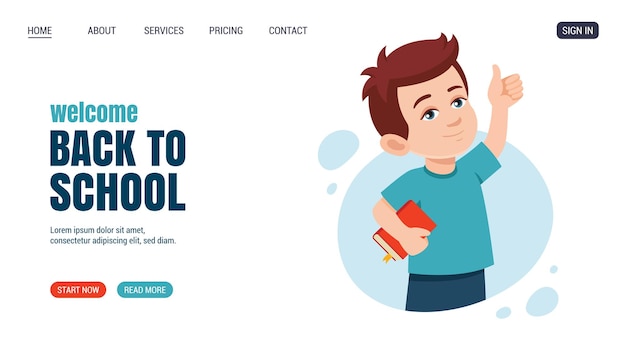 Niño feliz con un libro Muestra los pulgares hacia arriba Educación en línea Diseño de páginas web vectorial