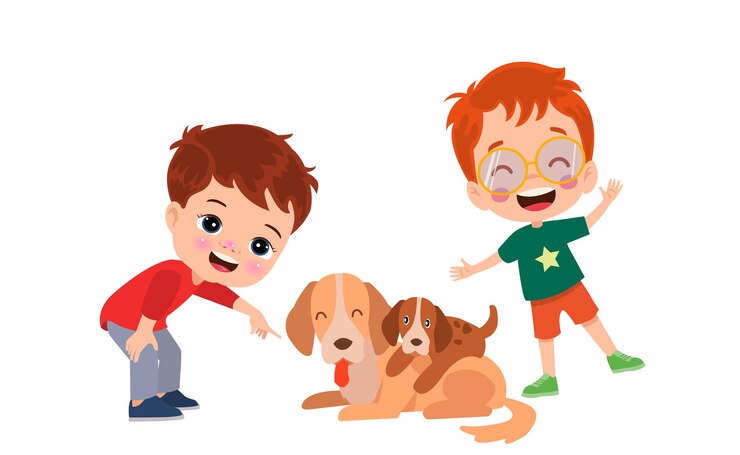 Vector un niño feliz y lindo jugando con un perro.