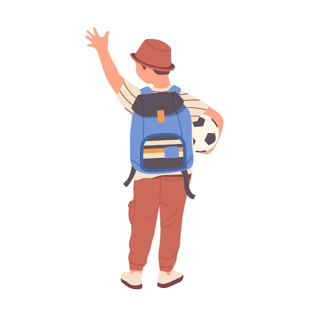 Vector niño feliz con mochila sosteniendo una pelota de fútbol de pie y saludando con la mano o gesto de bienvenida ilustración vectorial aislado en fondo blanco personaje de dibujos animados de jugador de fútbol de niño lindo