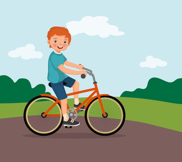 niño feliz montando en bicicleta divirtiéndose en el parque día soleado
