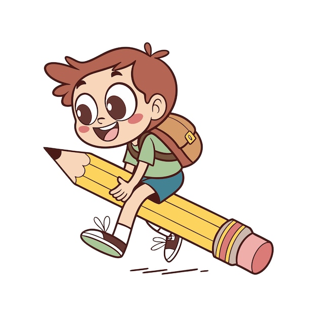 Niño feliz montando un lápiz Ilustración de dibujos animados divertida para la educación