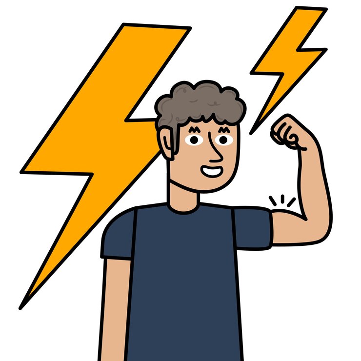 Vector niño feliz mostrando fuerza con su brazo trueno en el fondo