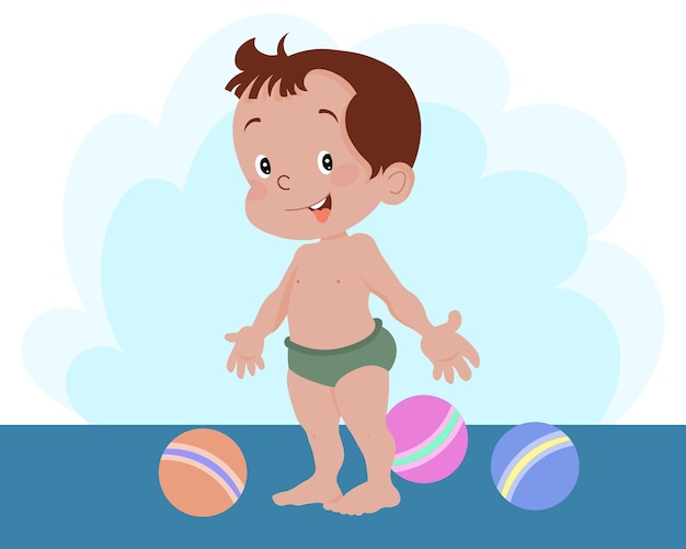 Niño feliz en pantalones cortos y pelotas de juguete Ilustración de felicidad infantil