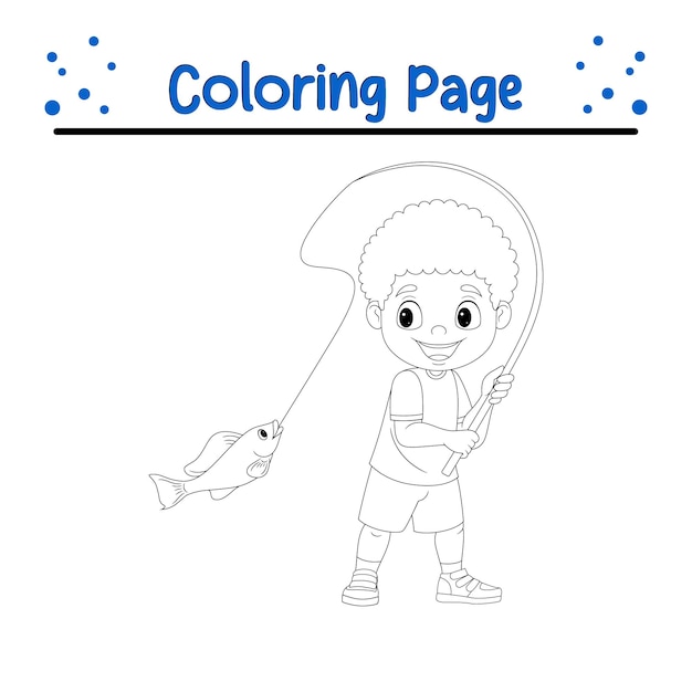 El niño feliz pescando página de colorear