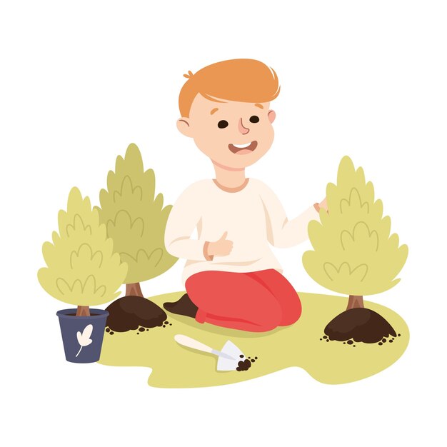 Un niño feliz plantando un árbol pequeño salva el mundo Ecología Concepto Ilustración vectorial de dibujos animados