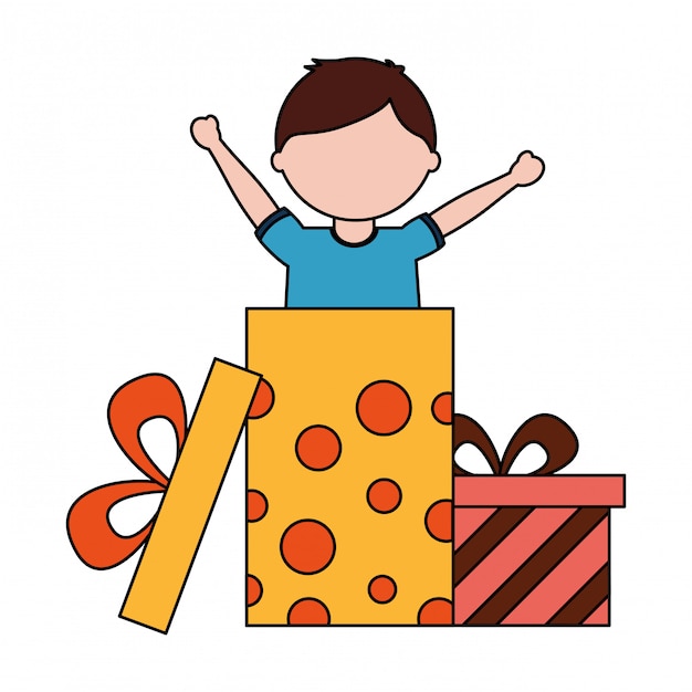 Niño feliz saliendo regalo de cumpleaños