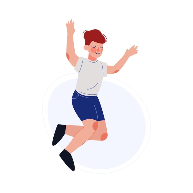 Niño feliz saltando alegremente Niño sonriente Pantalones cortos azules y camiseta blanca Divirtiéndose Ilustración vectorial