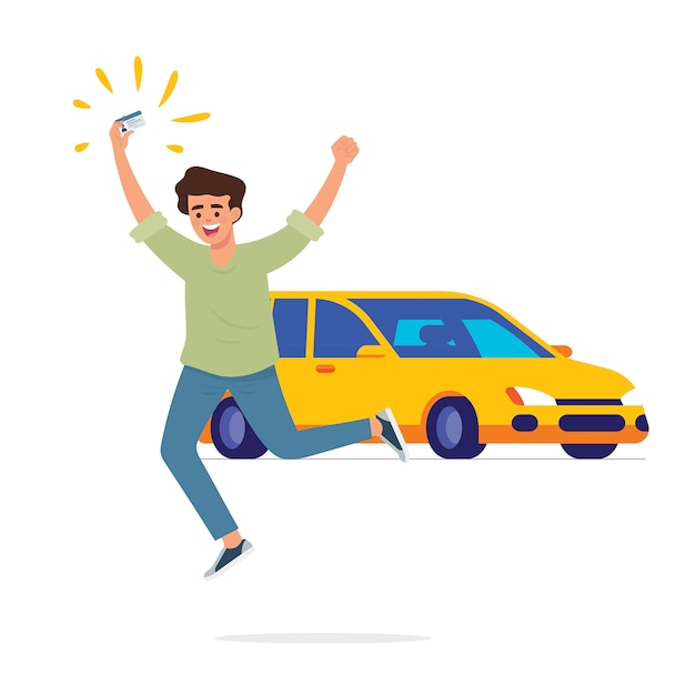 niño feliz salto y sosteniendo su carné de conducir
