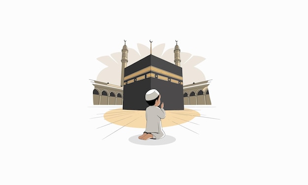 niño feliz sentado con una cabra frente a la Kaaba