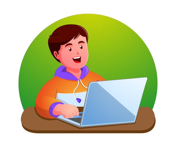 Vector niño feliz sentado en el escritorio y usando una computadora portátil