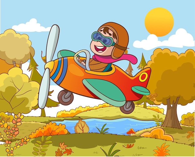 Un niño feliz y sonriente volando un avión como un verdadero piloto Ilustración de un libro moderno